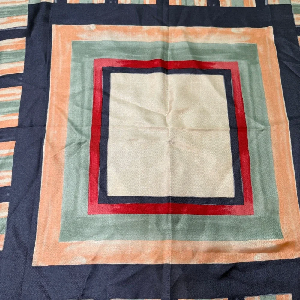 Ann Taylor Factory Navy Blue Geometric Stripe Square Silk Feel Scarf 24.5in